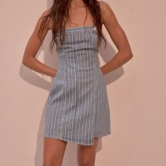 Zara Strapless Striped Denim Mini Strapless Dress Sz L - Picture 1 of 6